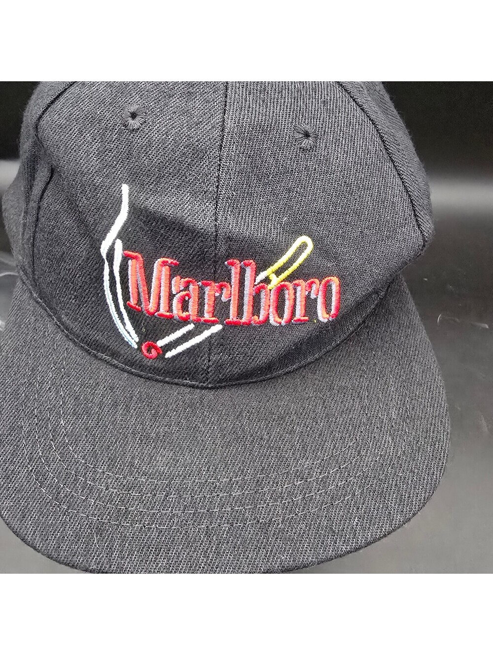 Vintage 90s Marlboro Cigarette Lit Graphic Hat Leather Strap